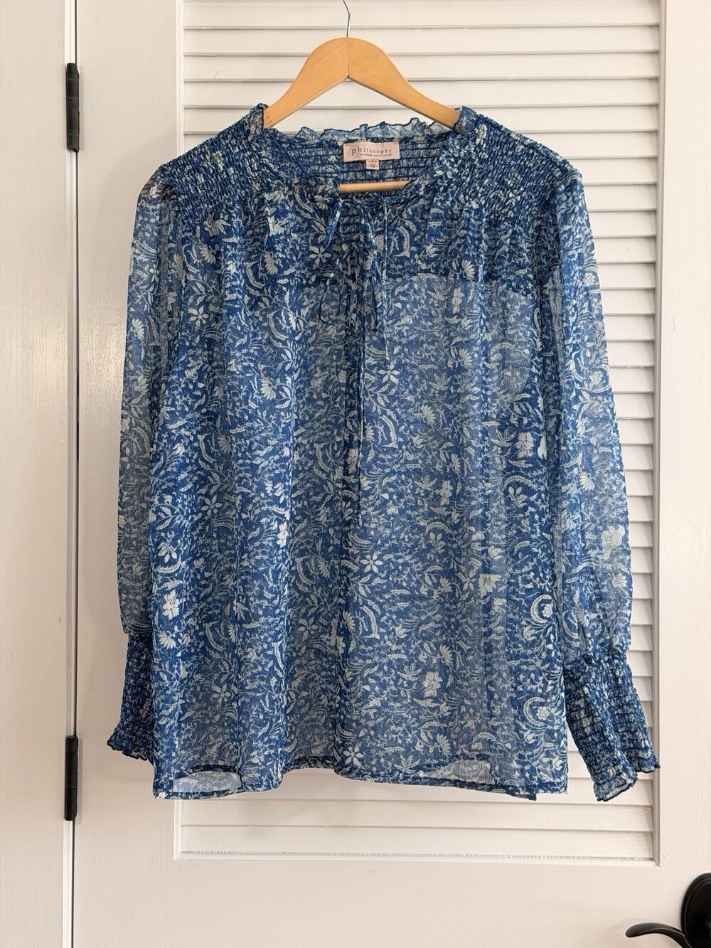 Philosophy Woman 1X Blue White Floral Chiffon Blouse Smocked Boho Peasant Top